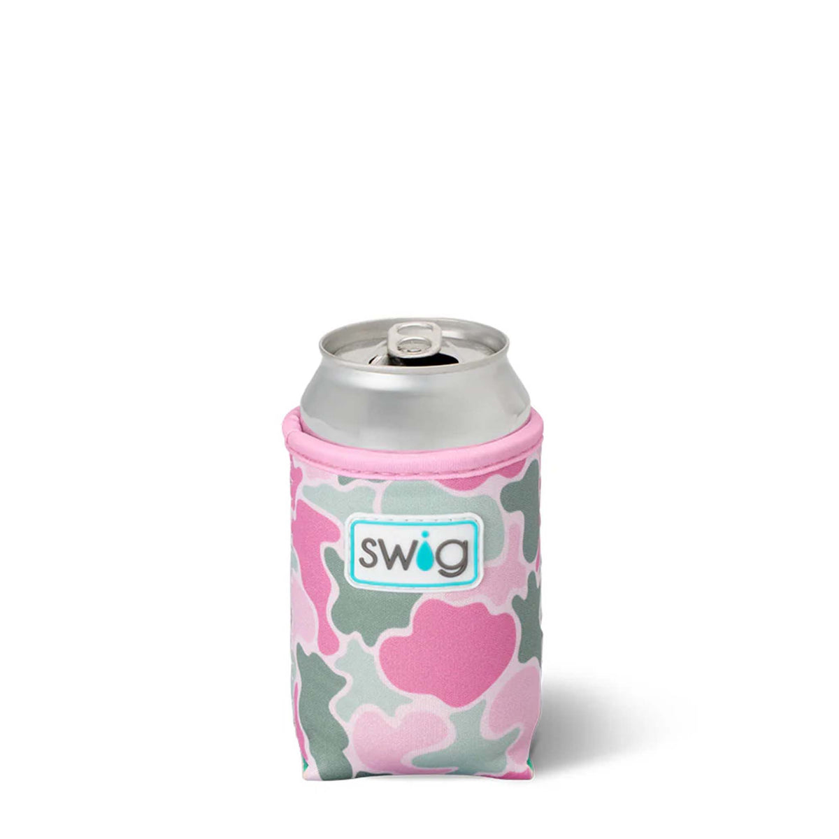 Swig can cooler with pink and green abstract camo print holding a silver soda can.