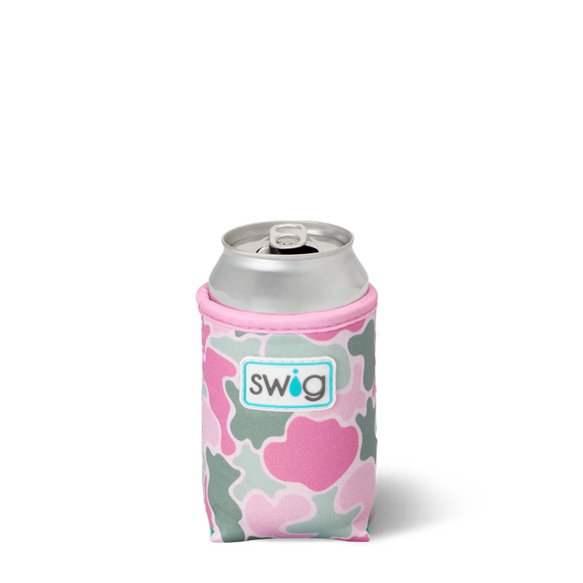 Swig can cooler with pink and green abstract camo print holding a silver soda can.