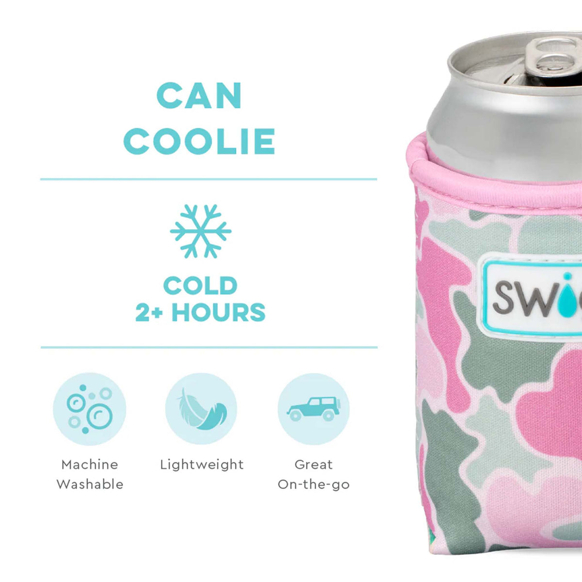 Swig camo can cooler shown with icons highlighting features: machine washable, lightweight, and keeps drinks cold for 2+ hours.