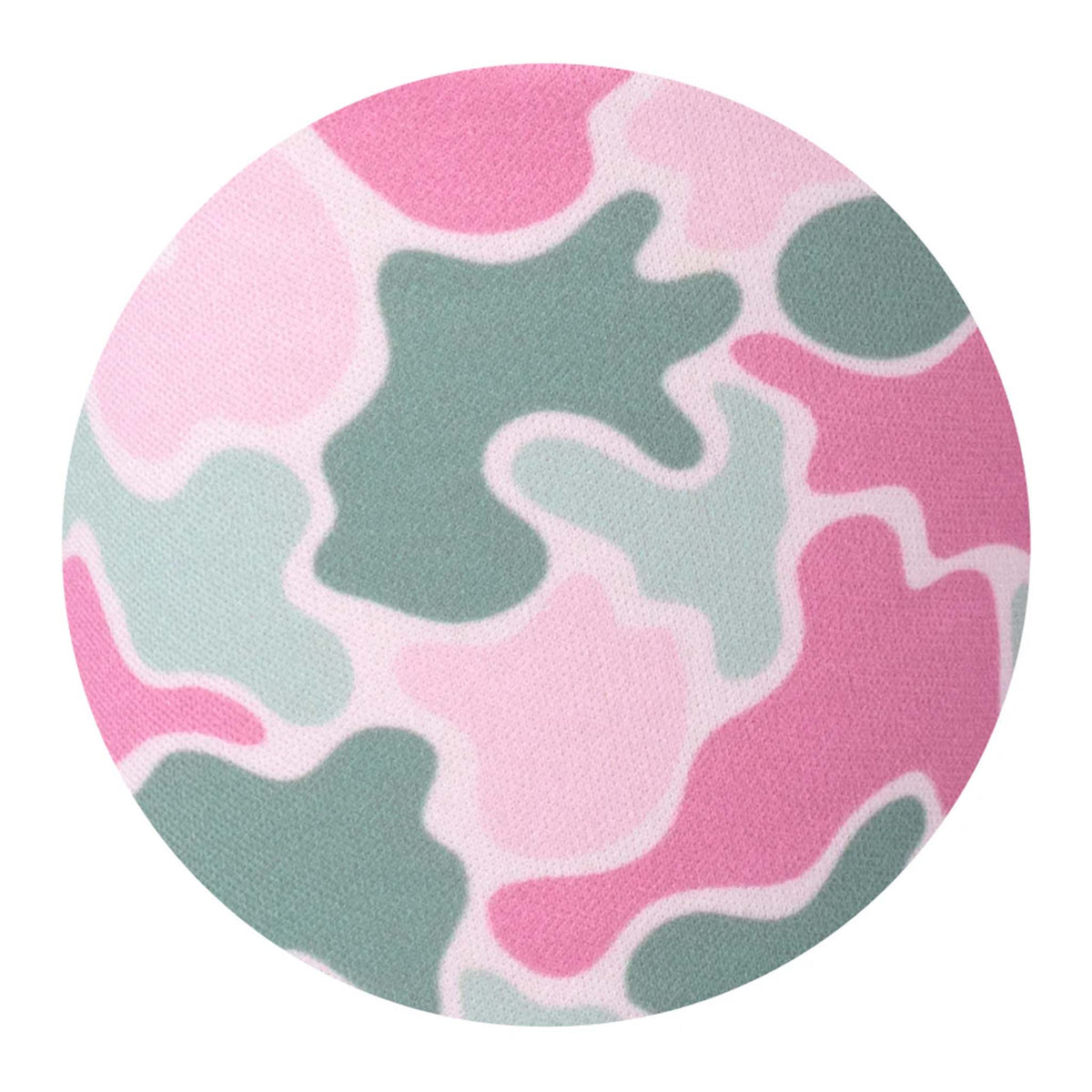 Close-up view of pink, light pink, and green abstract camouflage print fabric pattern.