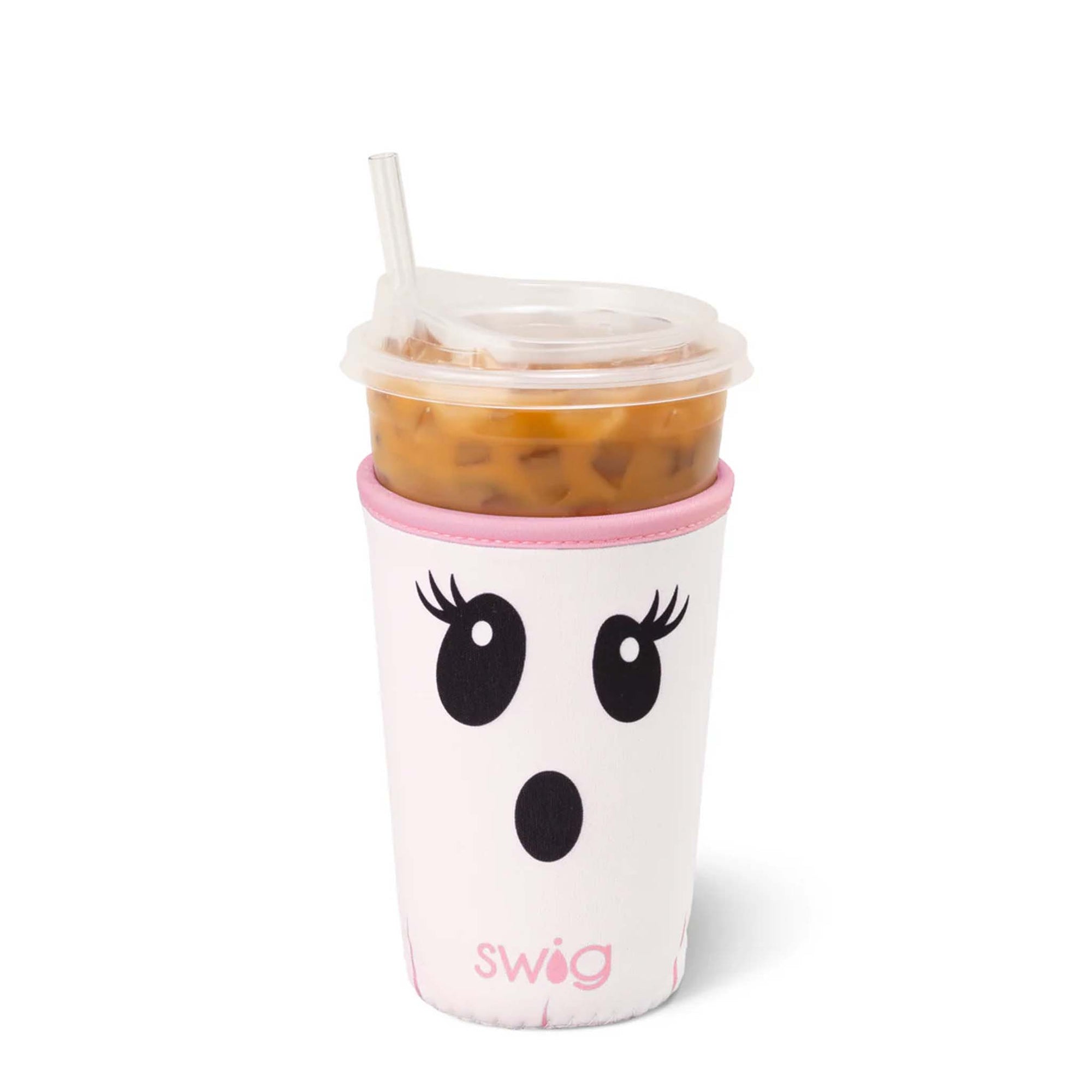 Swig Iced Cup Coolie in Boo Crew Ghost design with ghost face graphic, pink trim, holding iced coffee.