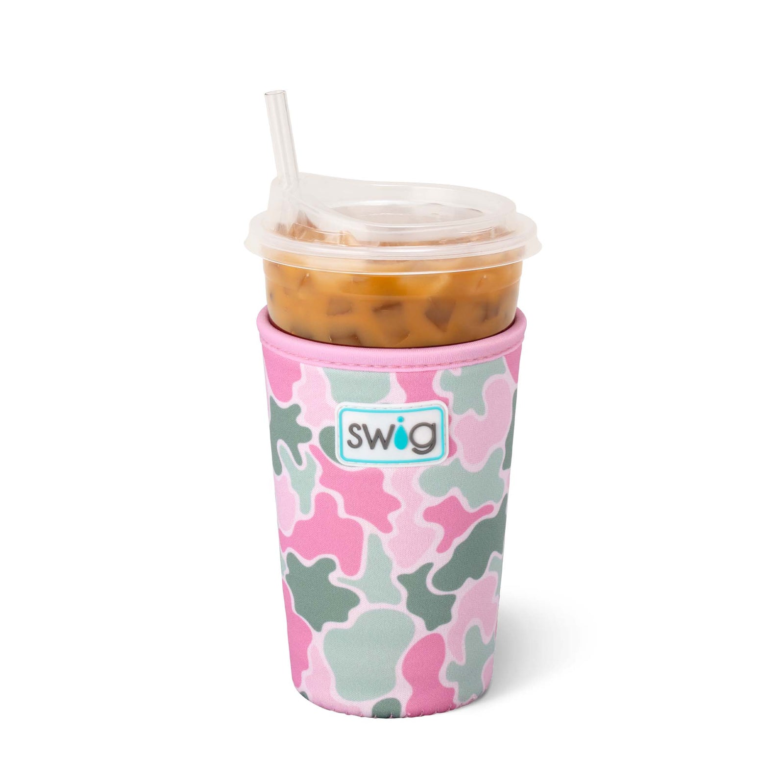 Swig Life Iced Cup Coolie in Blushing Camo print with pink, light green, and white abstract camo shapes, shown holding a clear plastic cup of iced coffee with straw.