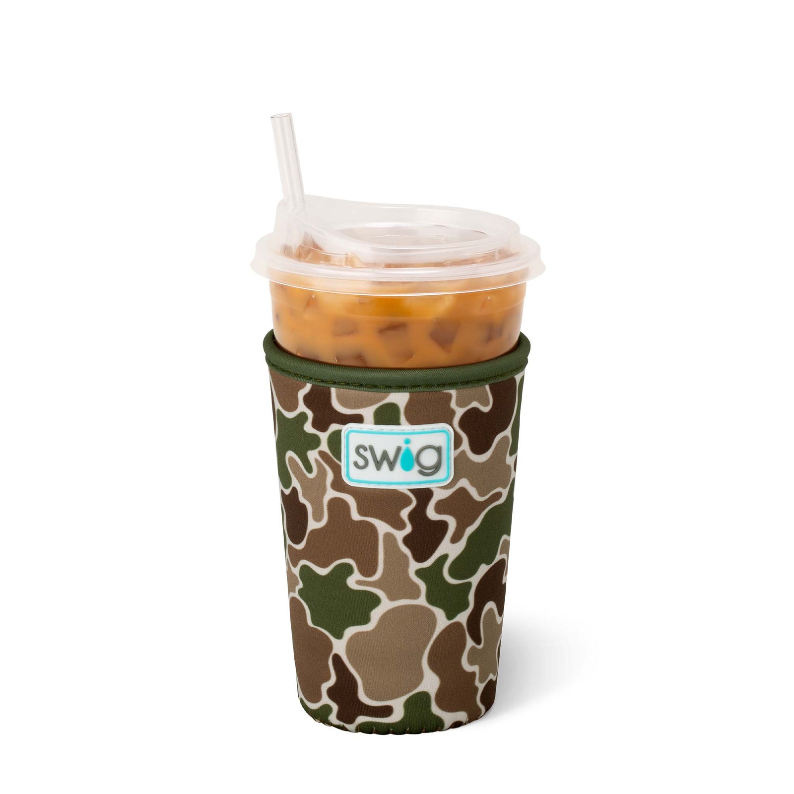 Swig Life Iced Cup Coolie in Hunting Camo print with green, brown, and tan abstract camo shapes, shown holding a clear plastic cup of iced coffee with straw.