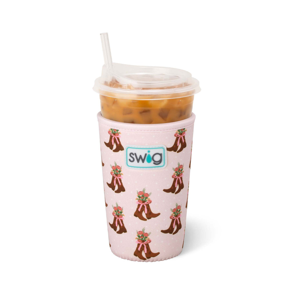Swig Life neoprene cup sleeve in Cowgirl Coquette print, featuring pink background with repeating brown cowboy boots and pink bows.