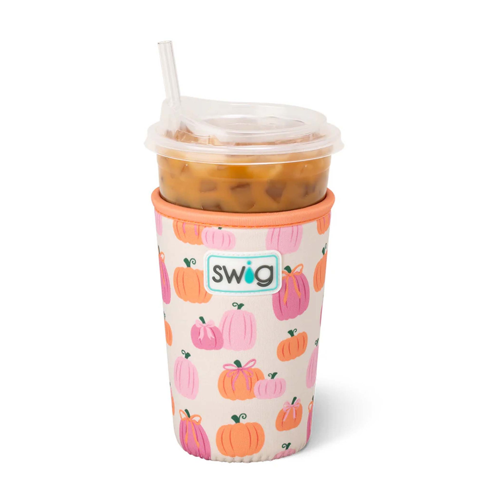 Swig Life Pumpkin and Bows medium iced cup coolie holding an iced coffee with straw.