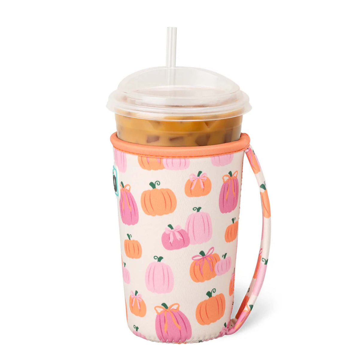 Swig Life Pumpkin and Bows medium iced cup coolie with side carrying handle on an iced coffee.