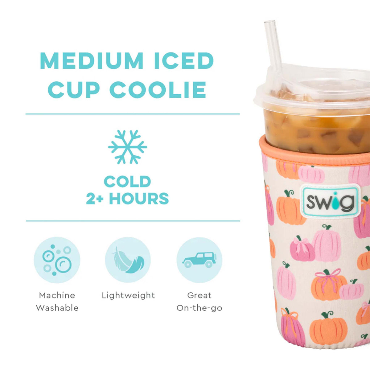 Swig Life Pumpkin and Bows medium iced cup coolie graphic with icons showing it keeps drinks cold 2+ hours, is washable, and lightweight.