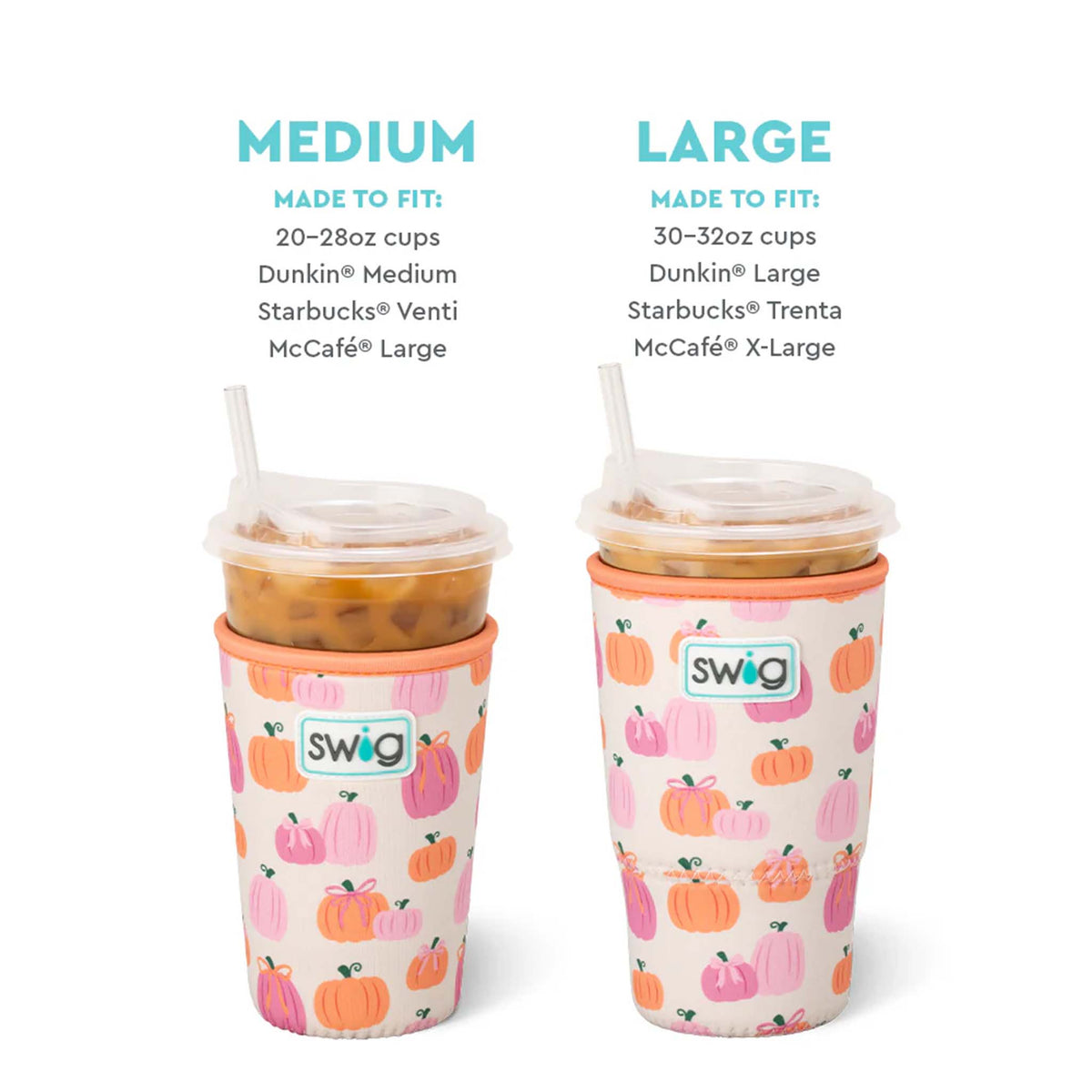Swig Life Pumpkin and Bows cup coolies in medium and large sizes shown on iced coffee cups with size fit details above.