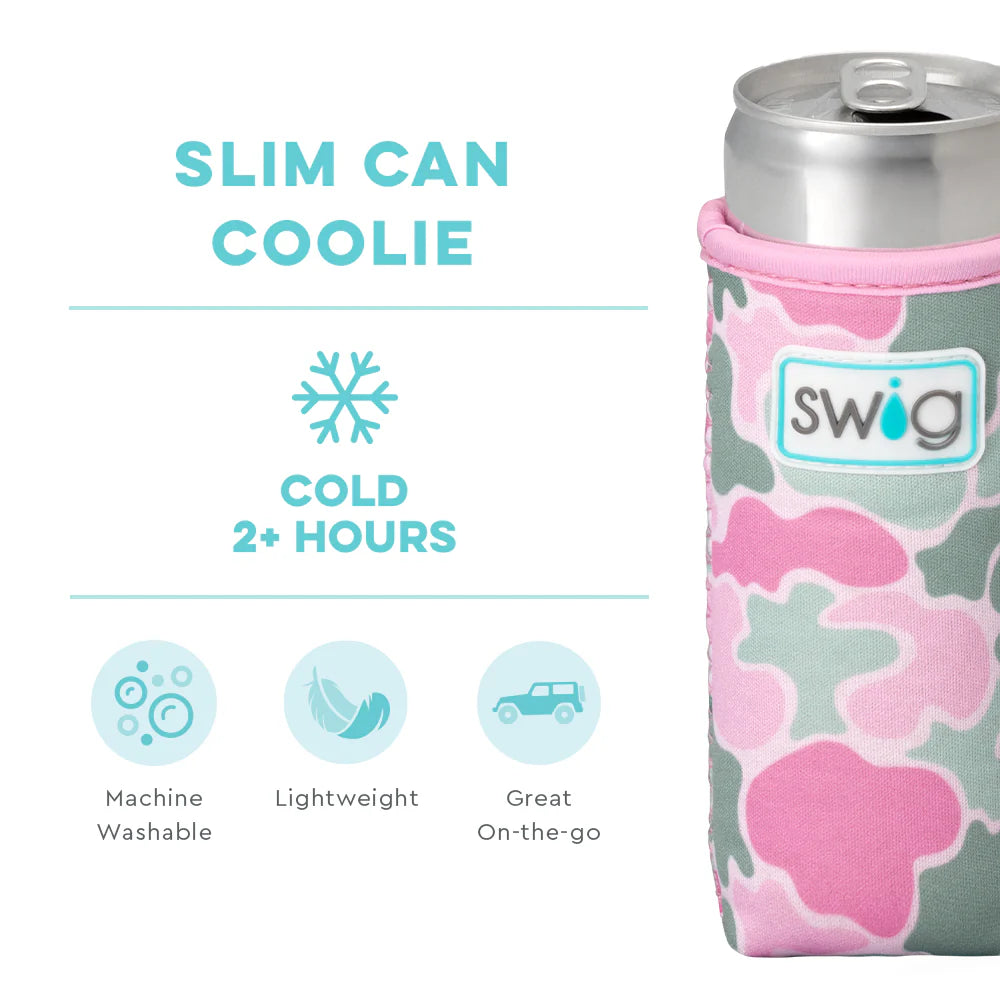 neoprene slim can koozie in a pink and green geometric camo print.