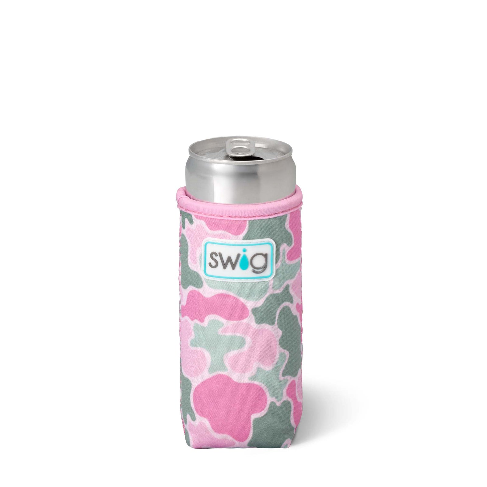 neoprene slim can koozie in a pink and green geometric camo print.