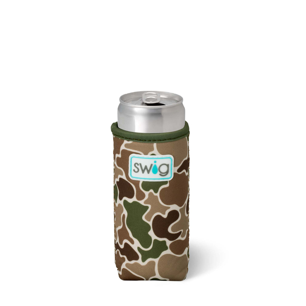 neoprene slim can koozie with an all over green and brown geometric camo print.