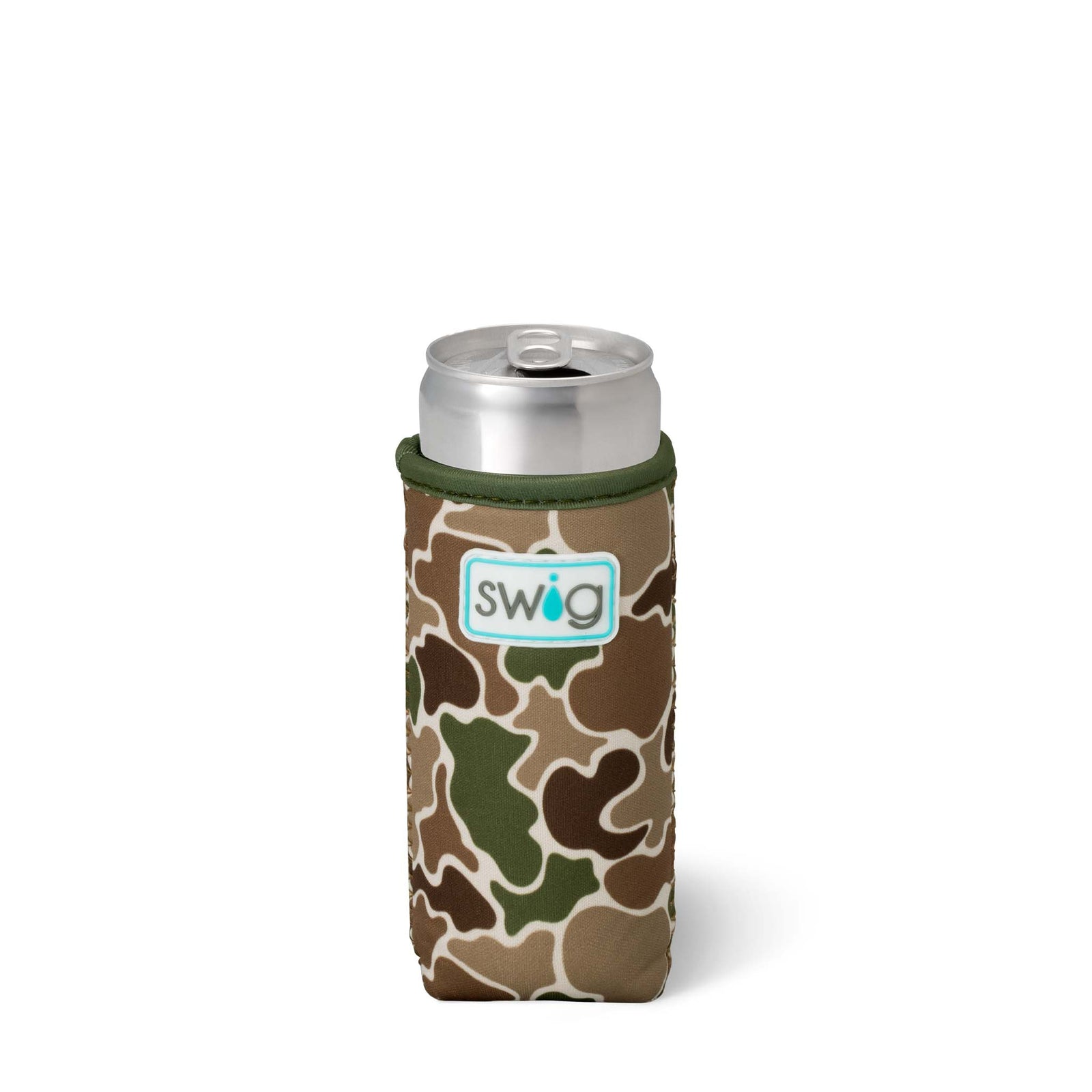 neoprene slim can koozie with an all over green and brown geometric camo print.