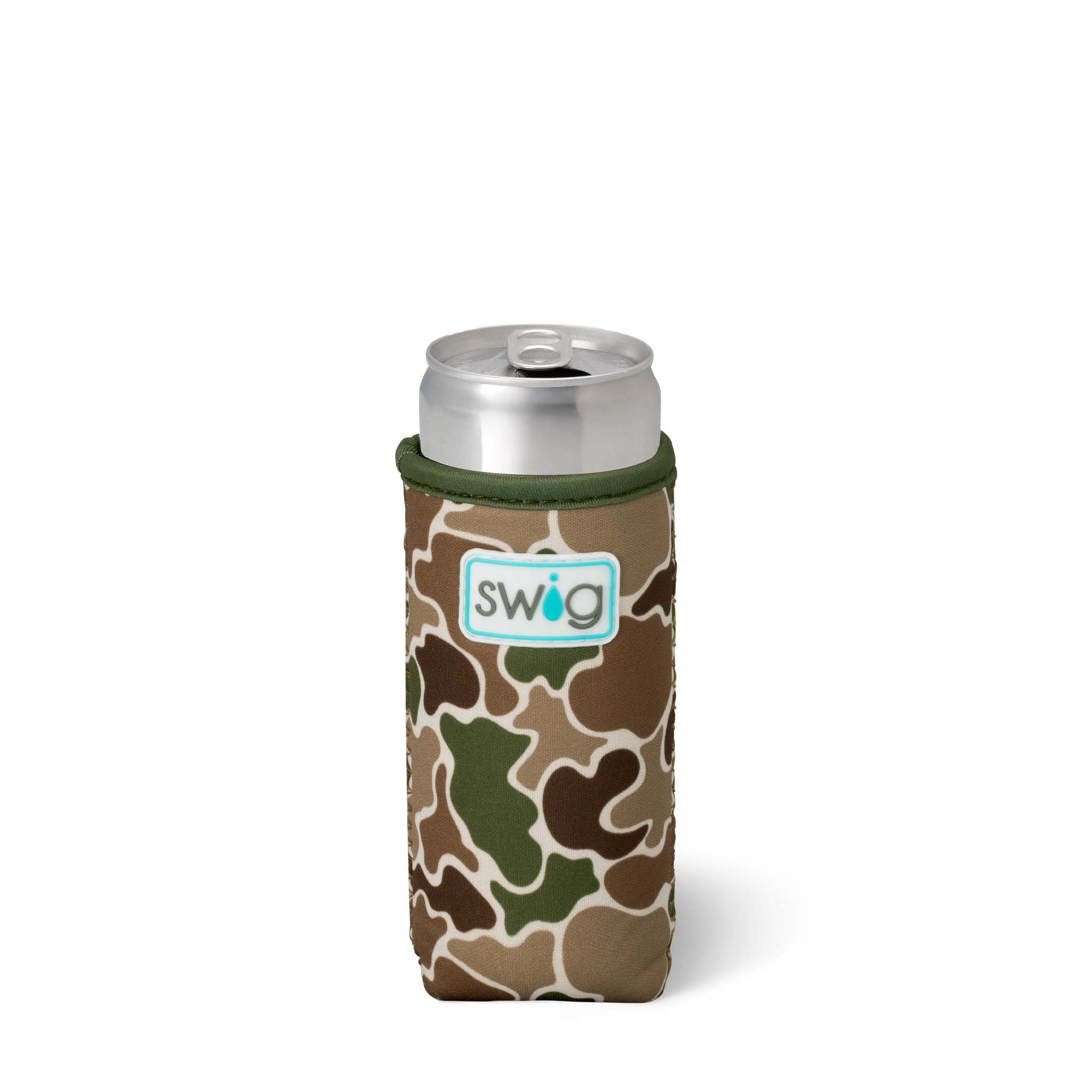 neoprene slim can koozie with an all over green and brown geometric camo print.