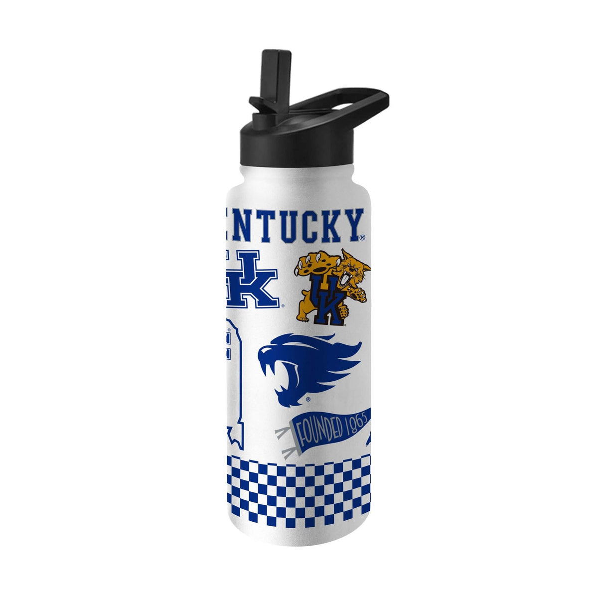 University of Kentucky water bottle with multiple UK logos, wildcat mascot, "Founded 1865" banner, and blue checkered design at the bottom.
