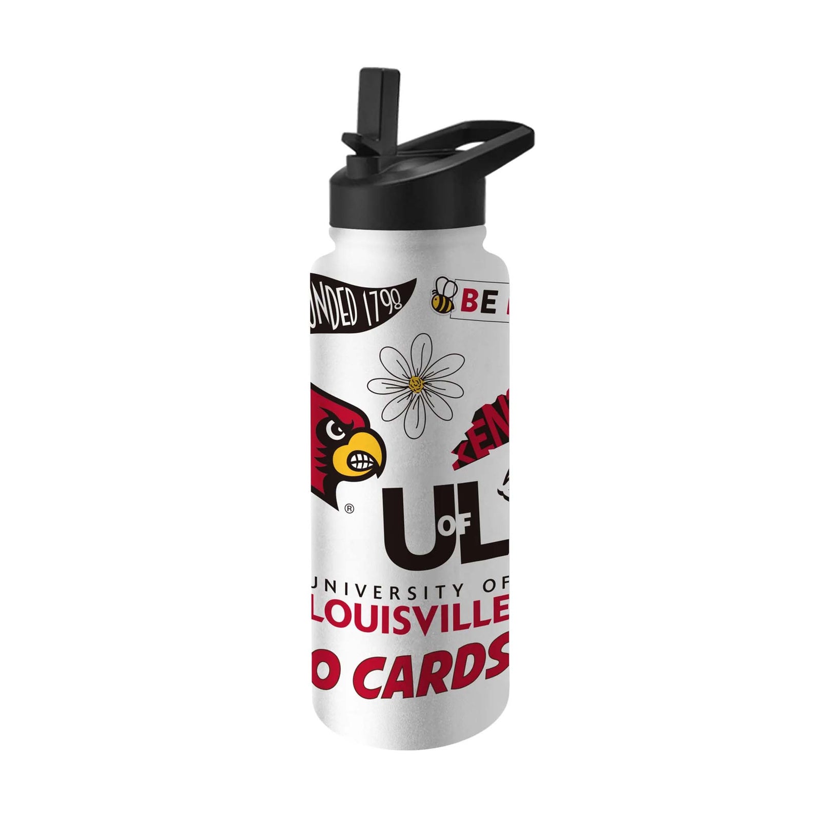 Side view of University of Louisville water bottle featuring Cardinal logo, daisy, “Founded 1798” and “Go Cards” text, and various red and black accents.