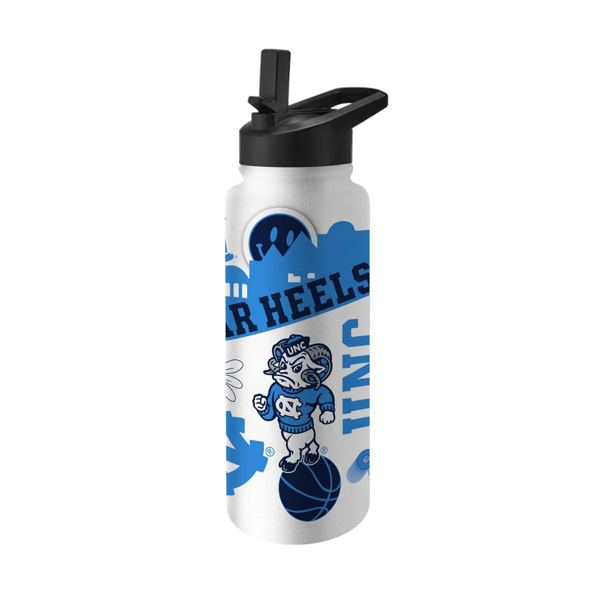 UNC Tar Heels water bottle with Rameses mascot, "Tar Heels" text, UNC logos, and Carolina blue campus illustrations.