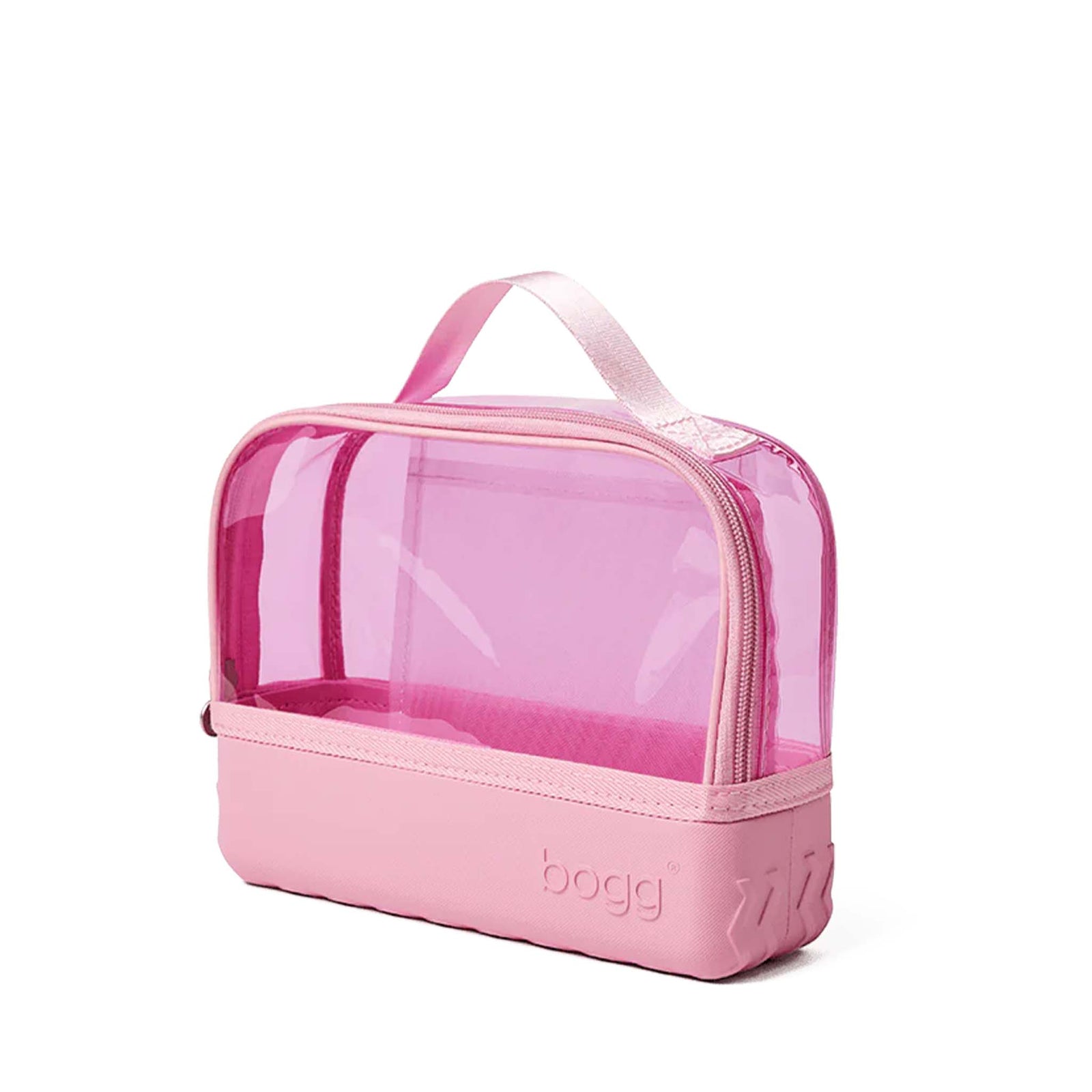 Bogg Clear Belt Bag in Pink Bubbles angled side view showing transparent top half, solid pink base, zip closure, and a pink handle.