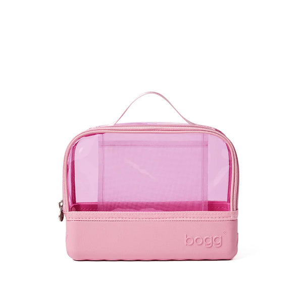 Bogg Clear Belt Bag in Pink Bubbles front view with a clear pink body, solid base, zippered closure, and handle on top.