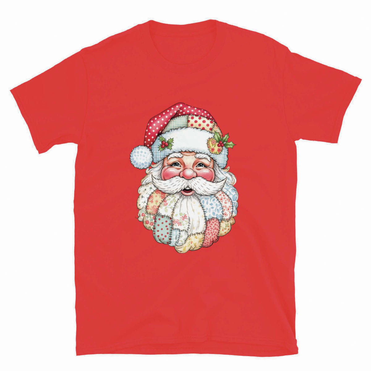 Red short sleeve t-shirt featuring a vintage-style Santa face with a patchwork quilt beard and red polka-dot hat.