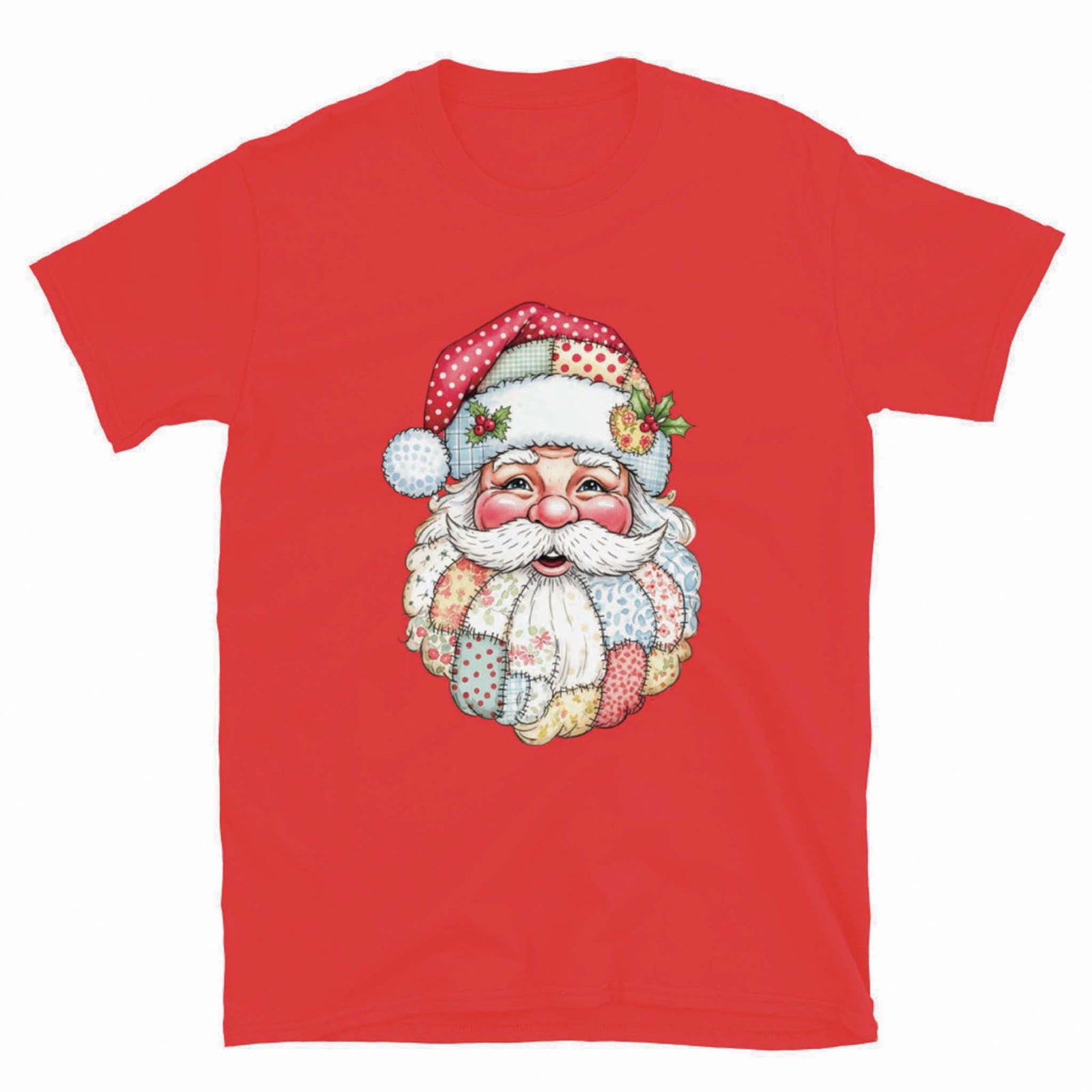 Red short sleeve t-shirt featuring a vintage-style Santa face with a patchwork quilt beard and red polka-dot hat.