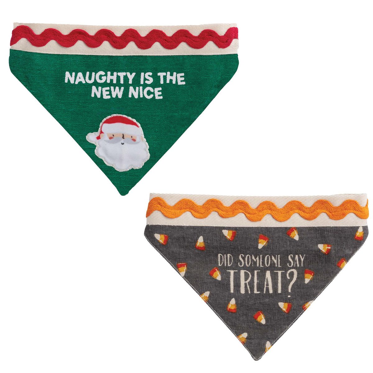 Reversible Christmas-themed dog bandanas with text and graphics on a white background.