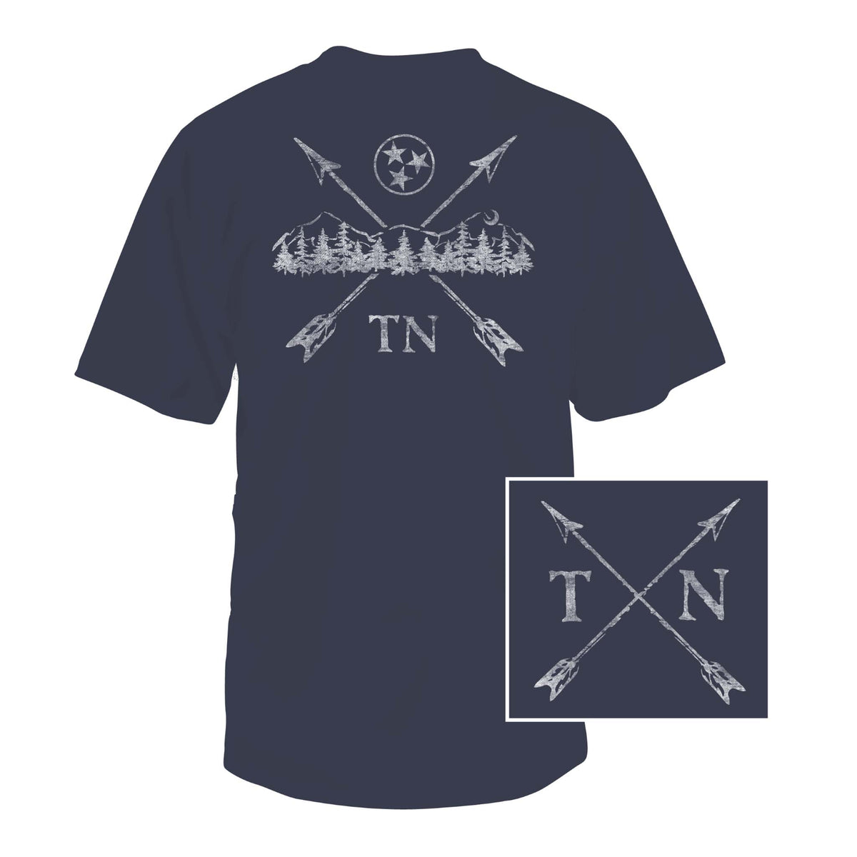 Heather navy Tennessee state pride t-shirt with a mountain design.