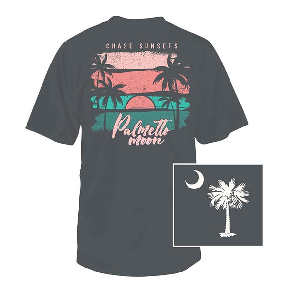  Charcoal grey Palmetto Moon t-shirt with a sunset scene graphic on the back and a palm and moon graphic on the front left chest.