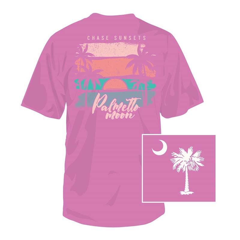 Orchid Palmetto Moon t-shirt with a sunset scene graphic on the back and a palm and moon graphic on the front left chest.