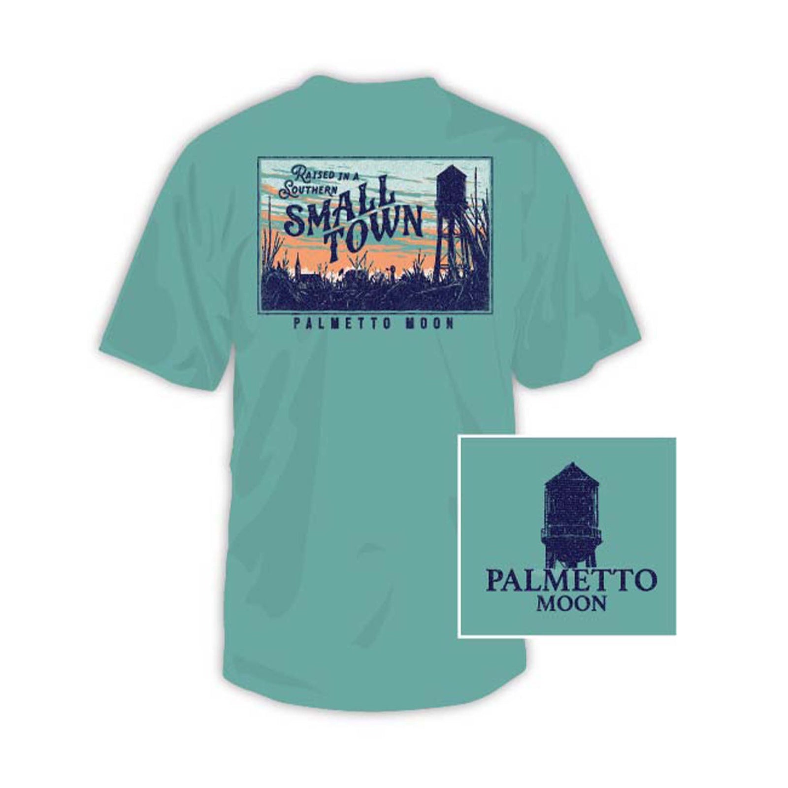 Teal t-shirt with 'Small Town' graphic and 'Palmetto Moon' logo on a white background