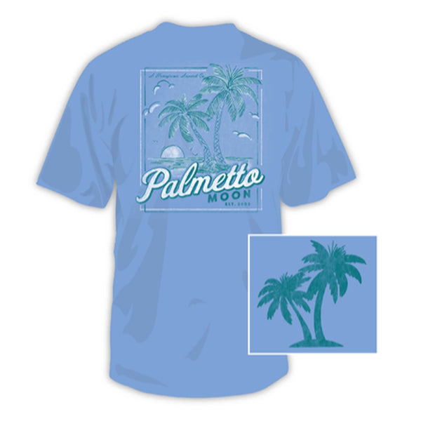  Palmetto Moon Island in the Sun Short Sleeve T-Shirt, color carolina blue, sizes S-XXXL, unisex sizing, 100% cotton.
The back design features a sketch of the shoreline at sunset with two palm trees stretching out and seagulls flying in the sky. Palmetto Moon est 2002 is printed below.
Front design has two palm trees on the left chest.