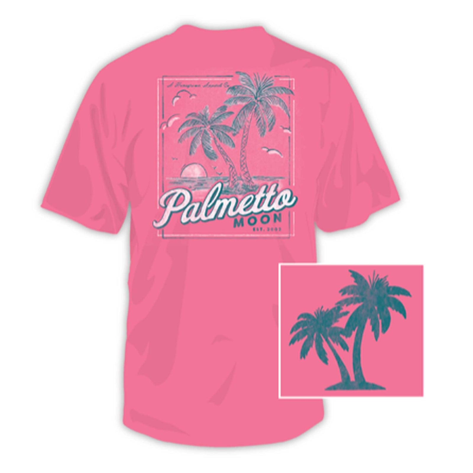 Palmetto Moon Island in the Sun Short Sleeve T-Shirt, color safety pink, sizes S-XXXL, unisex sizing, 100% cotton.
The back design features a sketch of the shoreline at sunset with two palm trees stretching out and seagulls flying in the sky. Palmetto Moon est 2002 is printed below.
Front design has two palm trees on the left chest.