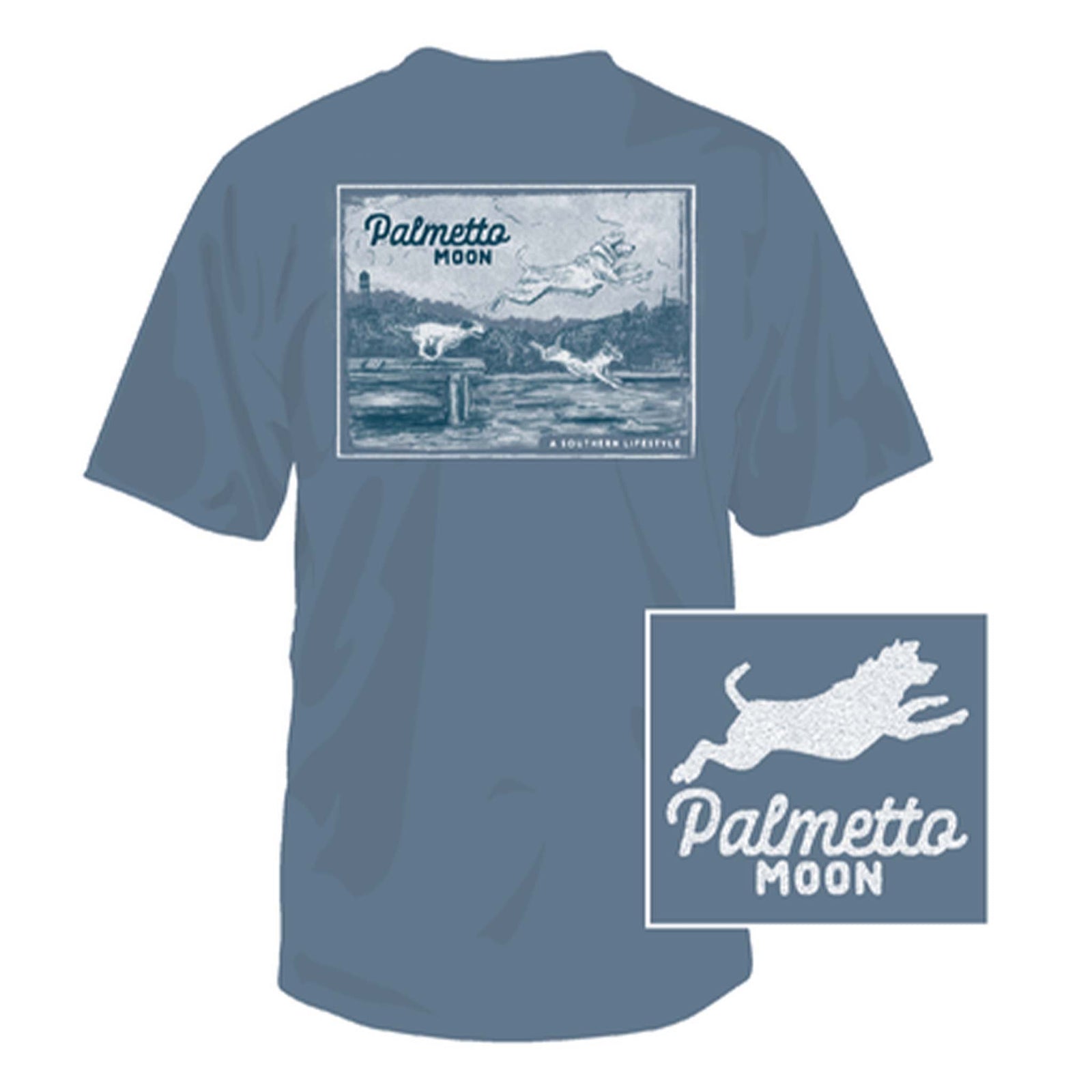 Palmetto Moon short sleeve t-shirt in stone blue with back graphic of three dogs jumping into water off of a dock. Front left chest has leaping dog and Palmetto Moon logo.
