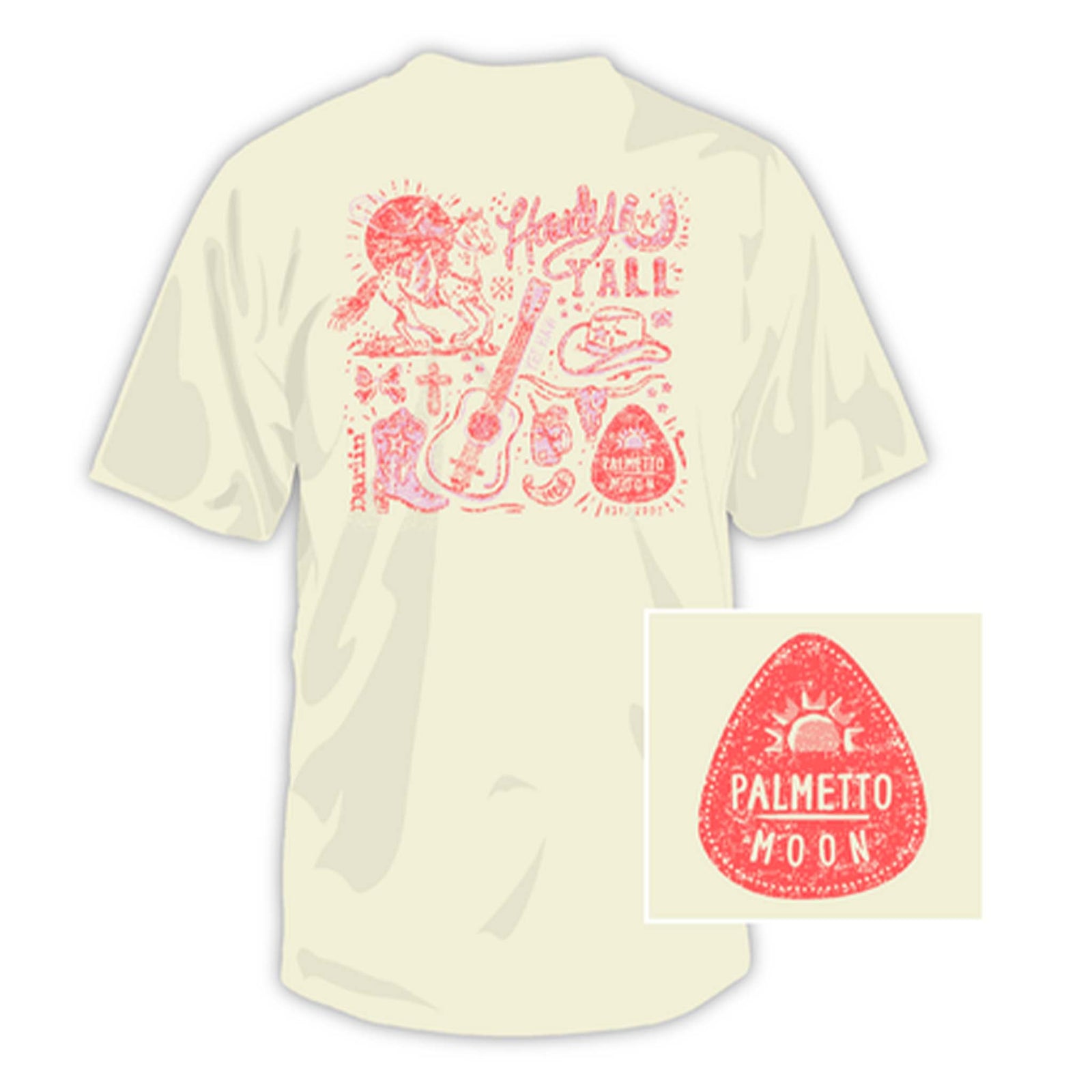 Palmetto Moon Long Live Cowgirls short sleeve t-shirt, color parchment (ivory), sizes S-XXXL, 100% cotton, unisex sizing. 
The back design features pink and reddish orange western style sketches of a guitar, cowgirl boots and hat, guitar pick, cowgirl galloping a horse at sunset, and other feminine designs. The words Howdy Yall are in the top right corner and the name palmetto moon is in the guitar pick.
The front features a red guitar pick with palmetto moon printed inside on the left chest.
