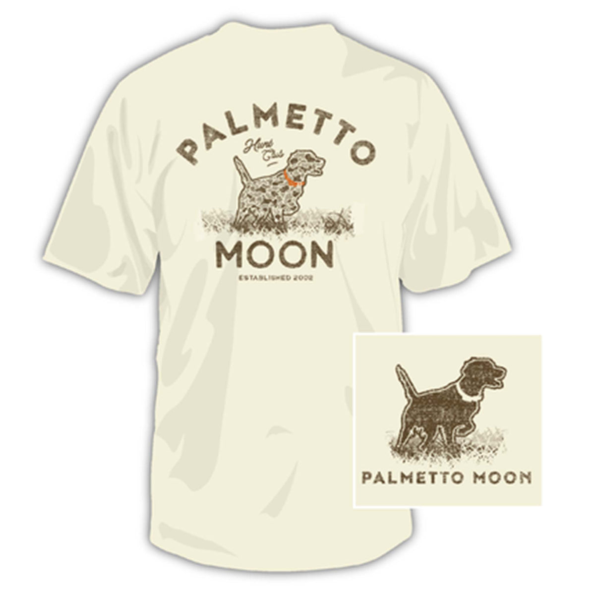 Natural-colored t-shirt with vintage-style graphic of a hunting dog in grass and “Palmetto Moon Hunting Club” text printed on the back.