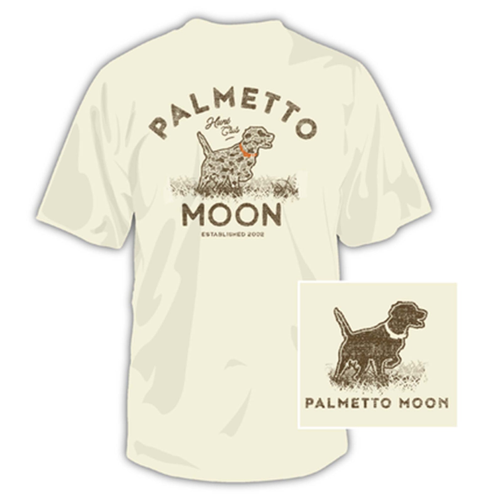 Natural-colored t-shirt with vintage-style graphic of a hunting dog in grass and “Palmetto Moon Hunting Club” text printed on the back.