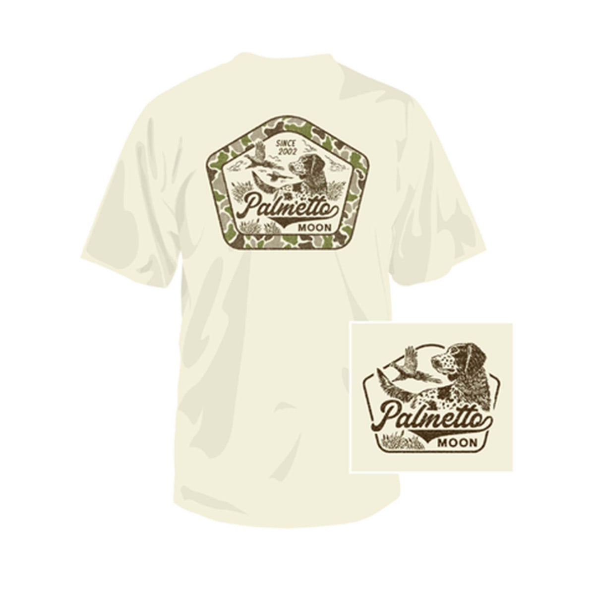 beige t-shirt with 'Palmetto Moon' camo lined badge on a white background