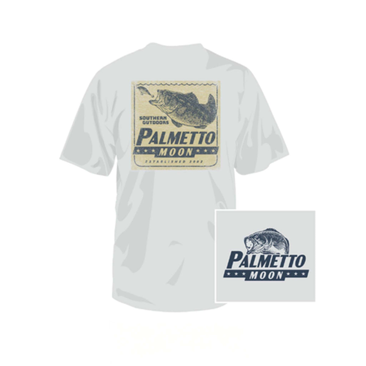 Gray t-shirt with Palmetto Moon logo and fish graphic on a white background