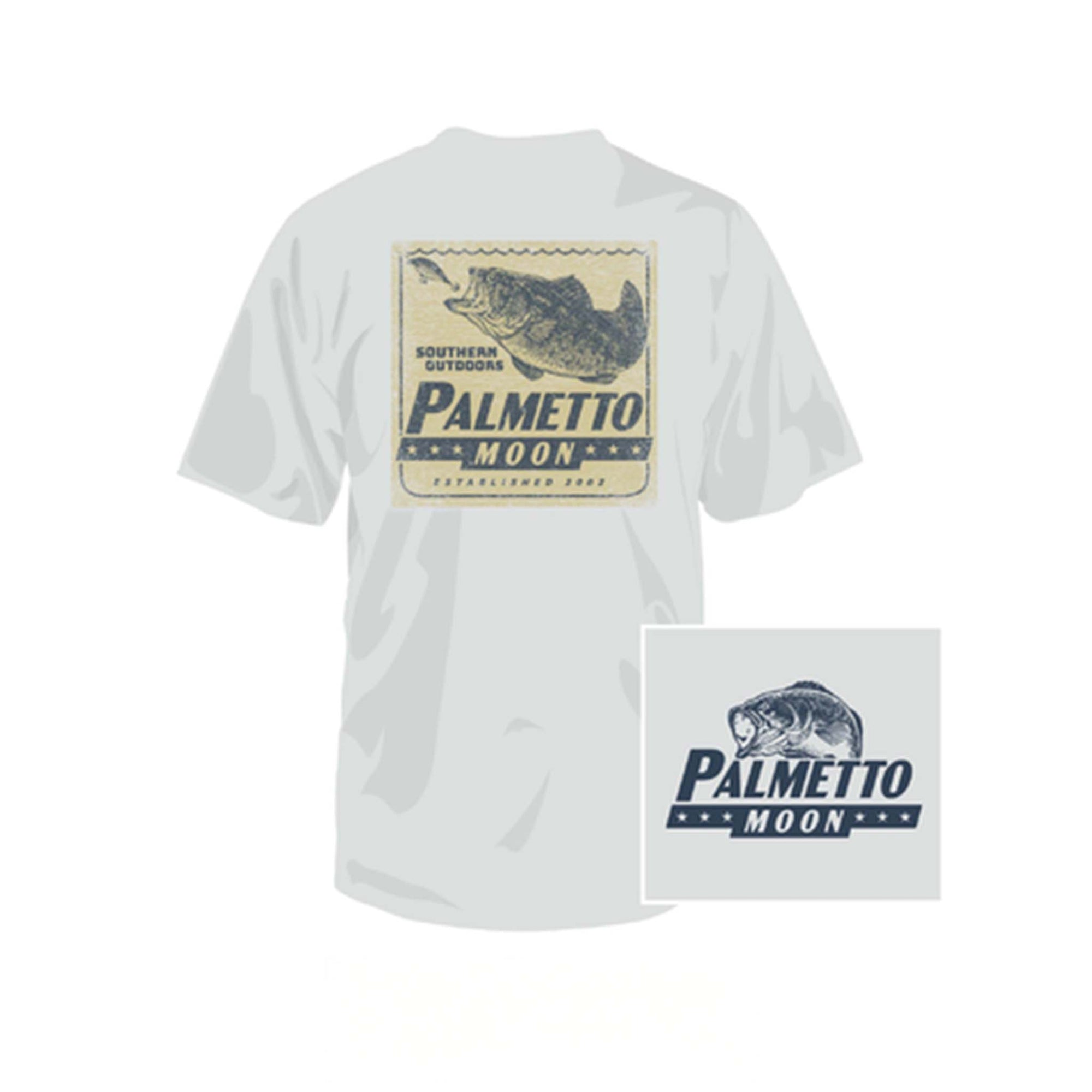 Gray t-shirt with Palmetto Moon logo and fish graphic on a white background