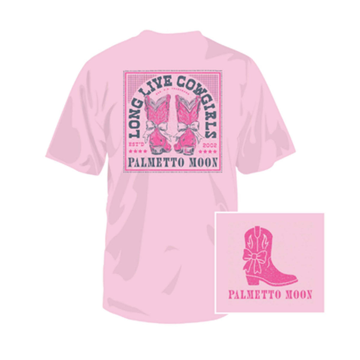 Pink t-shirt with western graphic design and text on a white background