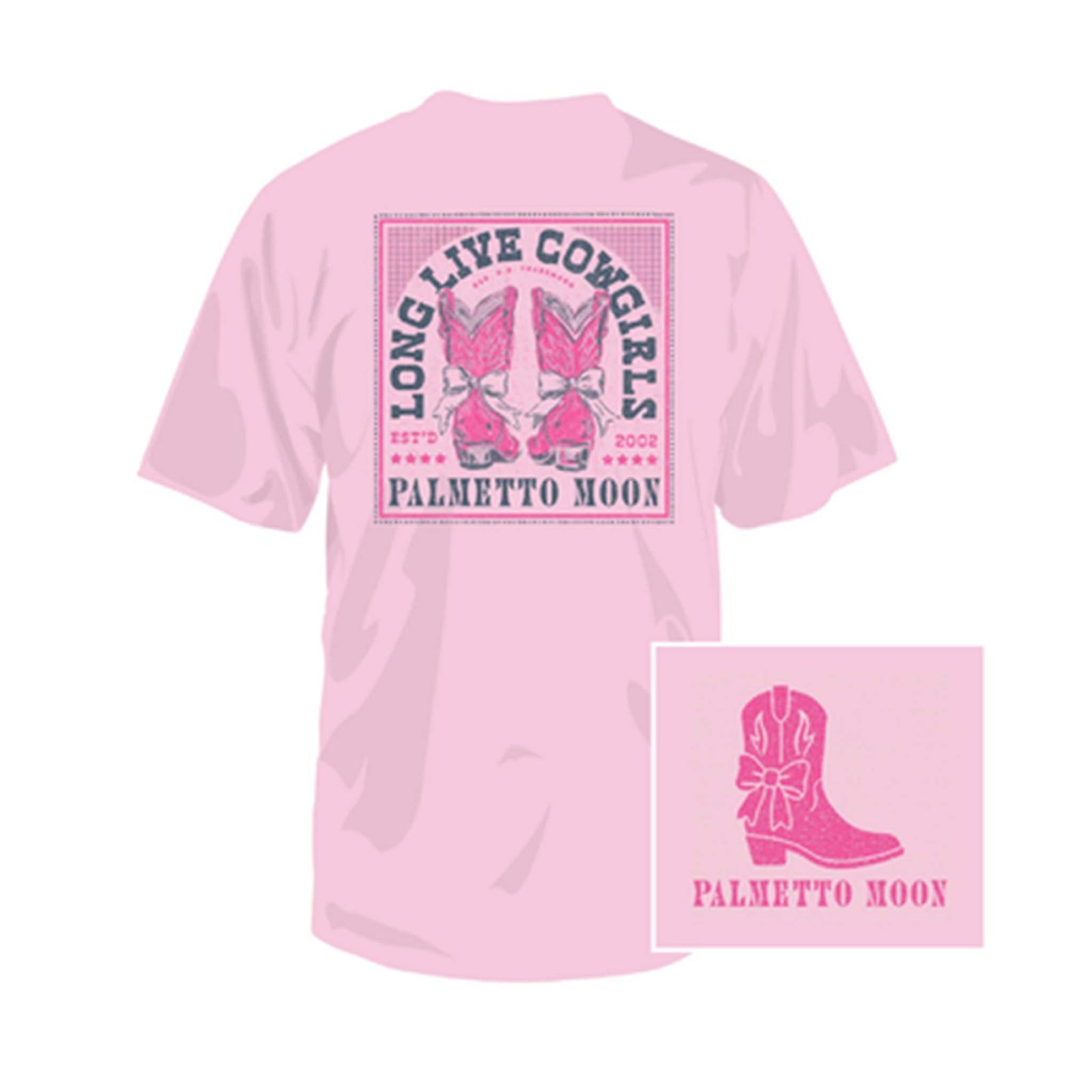 Pink t-shirt with western graphic design and text on a white background