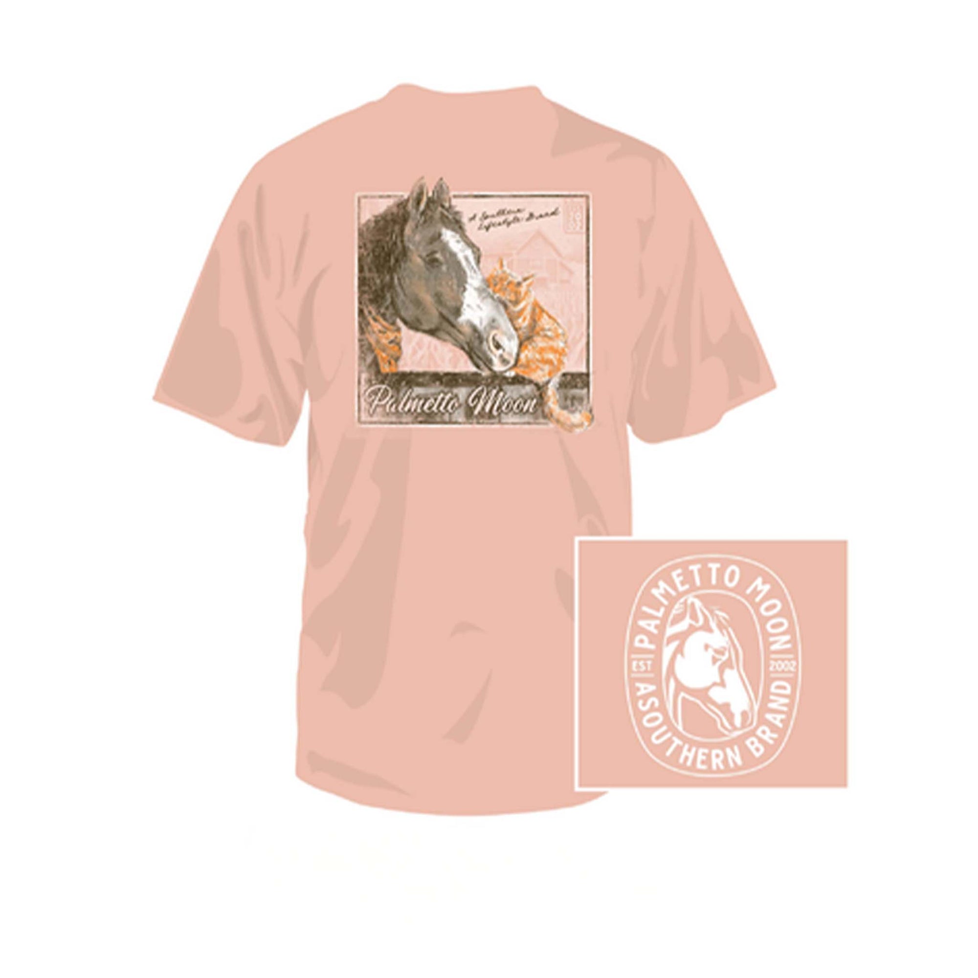 Pink t-shirt with horse graphic and 'Palmetto Moon' branding on a white background