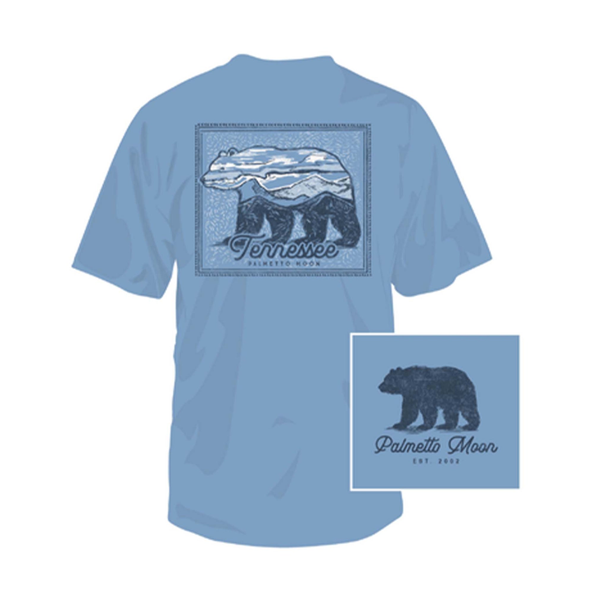 Light blue t-shirt with bear graphic and 'Tennessee' text on a white background