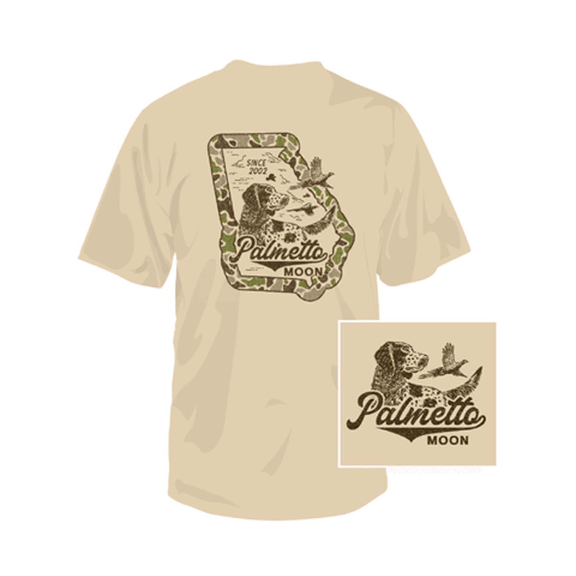 Beige t-shirt with 'Palmetto Moon' graphic design on a white background