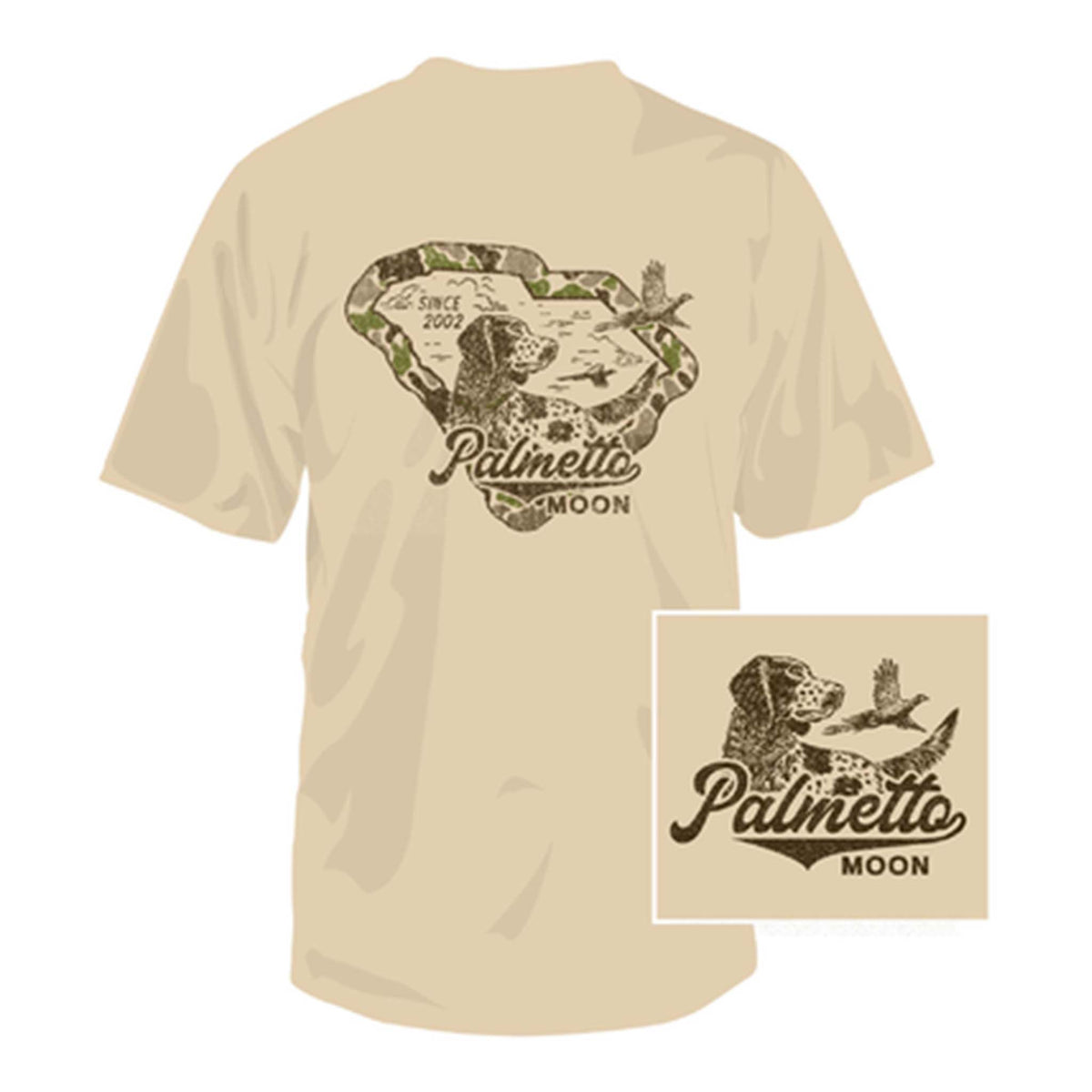 Beige t-shirt with 'Palmetto Moon' graphic design on a white background