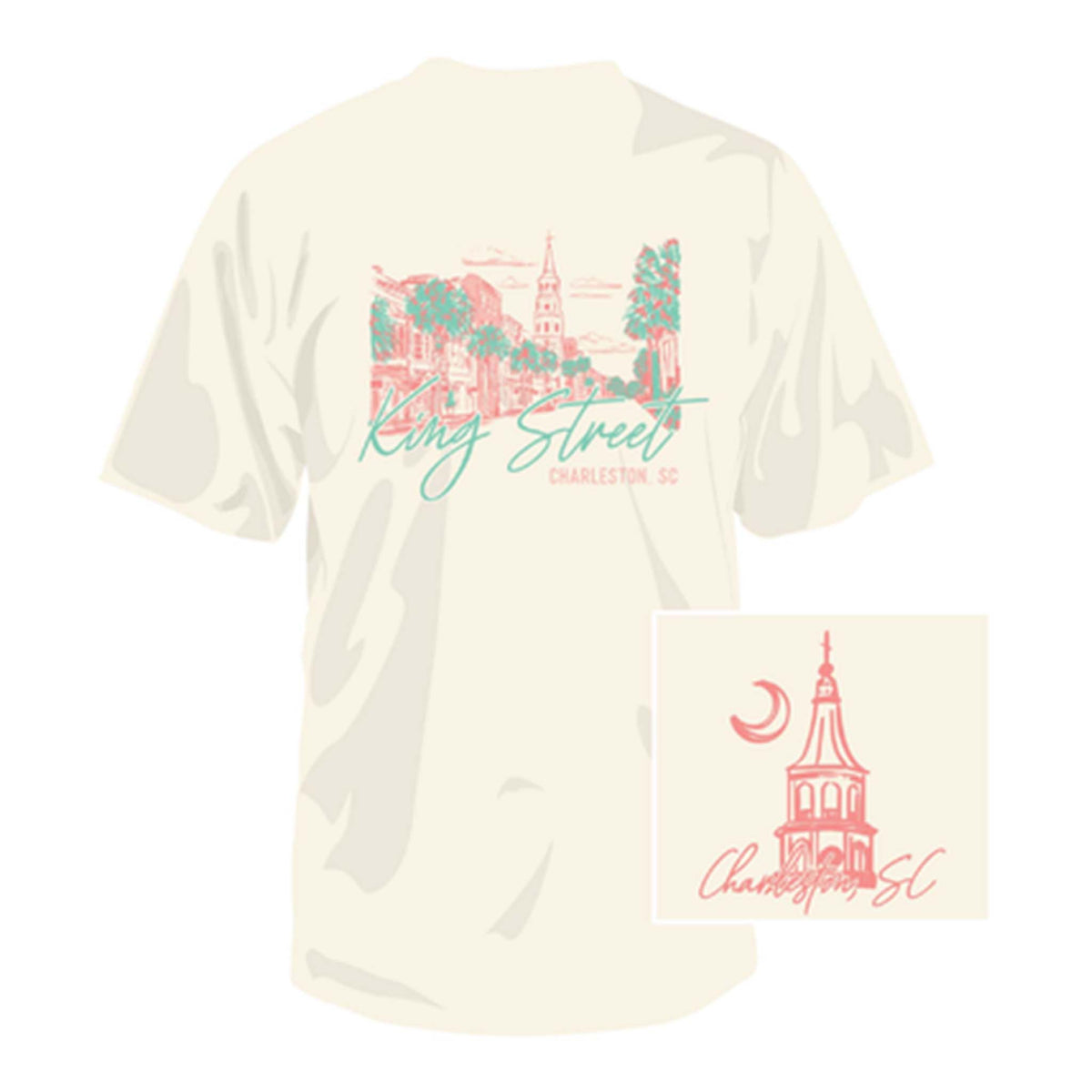 Beige t-shirt with King Street Charleston SC design on a white background