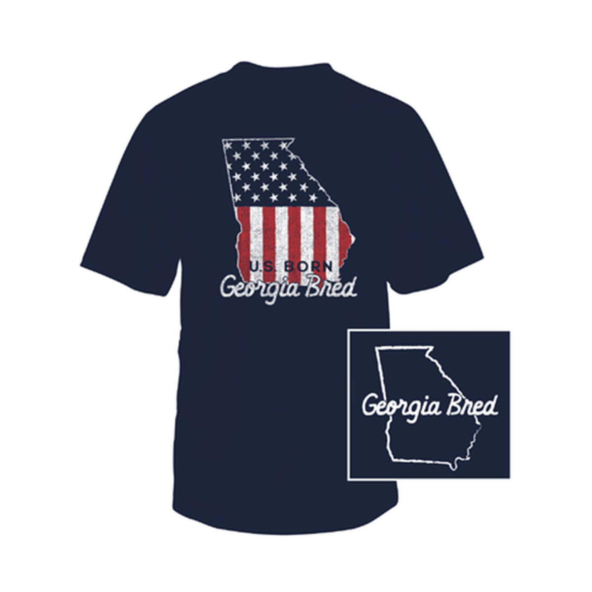 Navy blue t-shirt with American flag and 'Georgia Bred' text on a white background