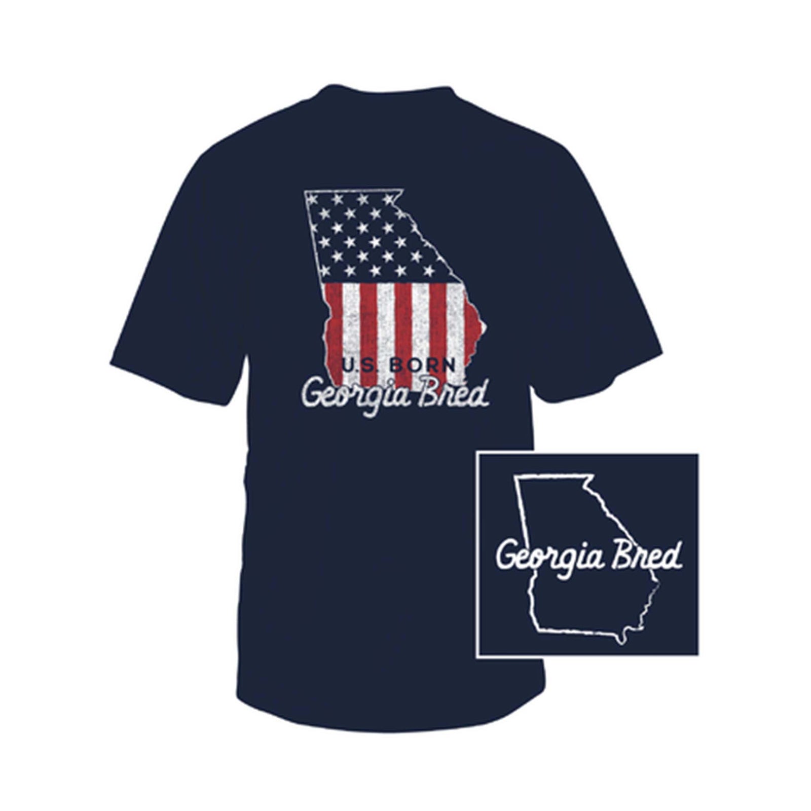 Navy blue t-shirt with American flag and 'Georgia Bred' text on a white background
