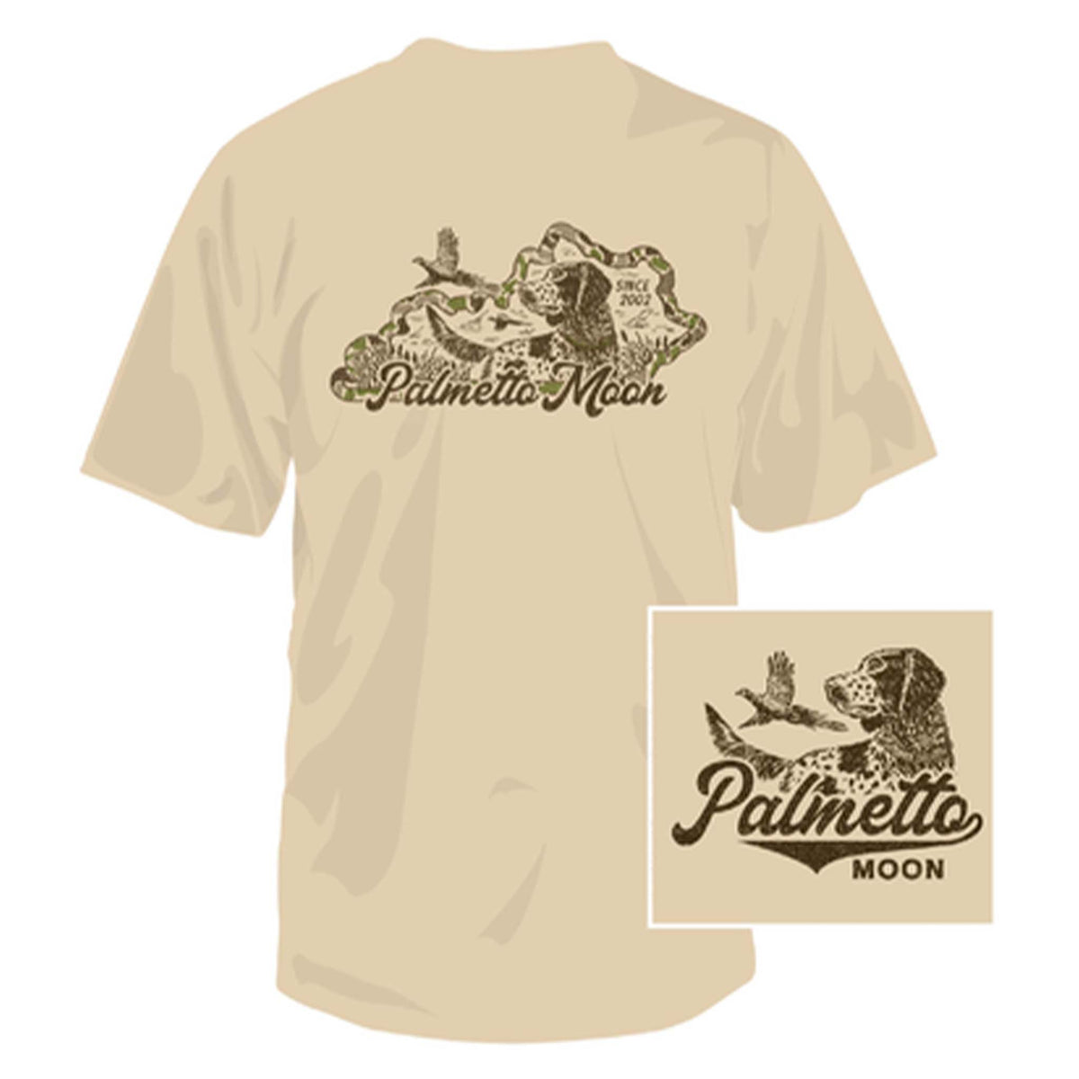 Sand Palmetto Moon tee with dog and ducks inside Kentucky outline and logo on back, small matching logo on front.