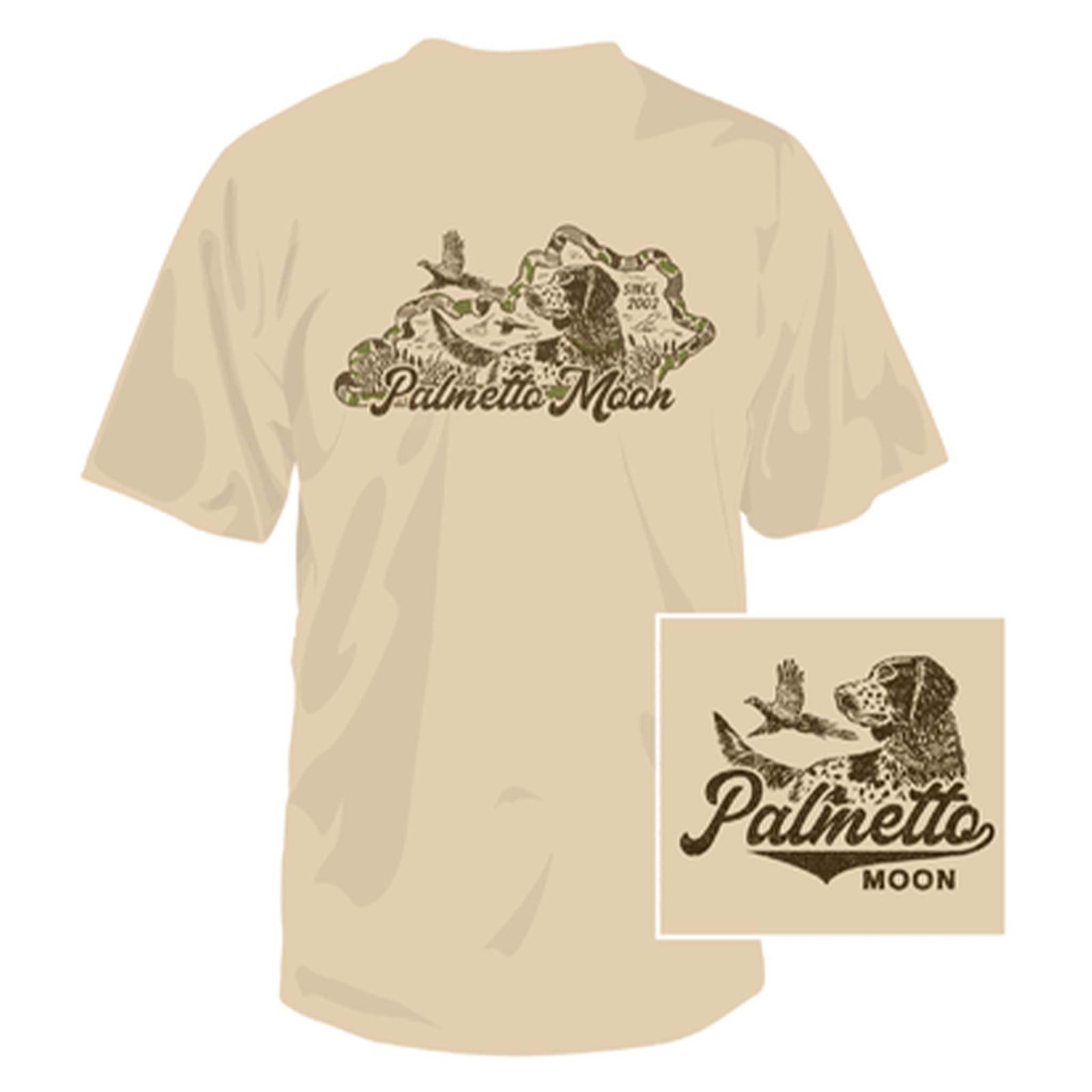 Sand Palmetto Moon tee with dog and ducks inside Kentucky outline and logo on back, small matching logo on front.