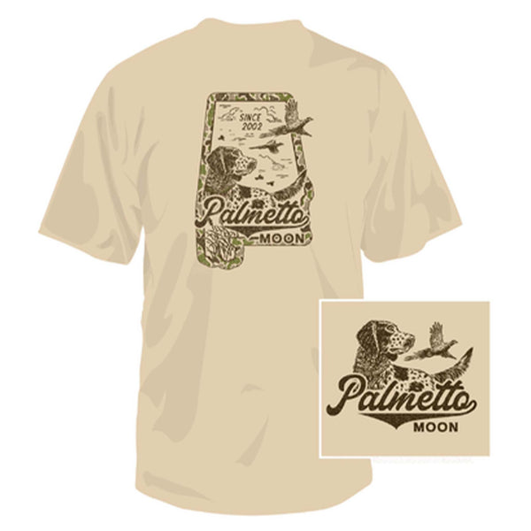 Sand Palmetto Moon tee with hunting dog and ducks inside Alabama outline and logo on back, small logo on front chest.